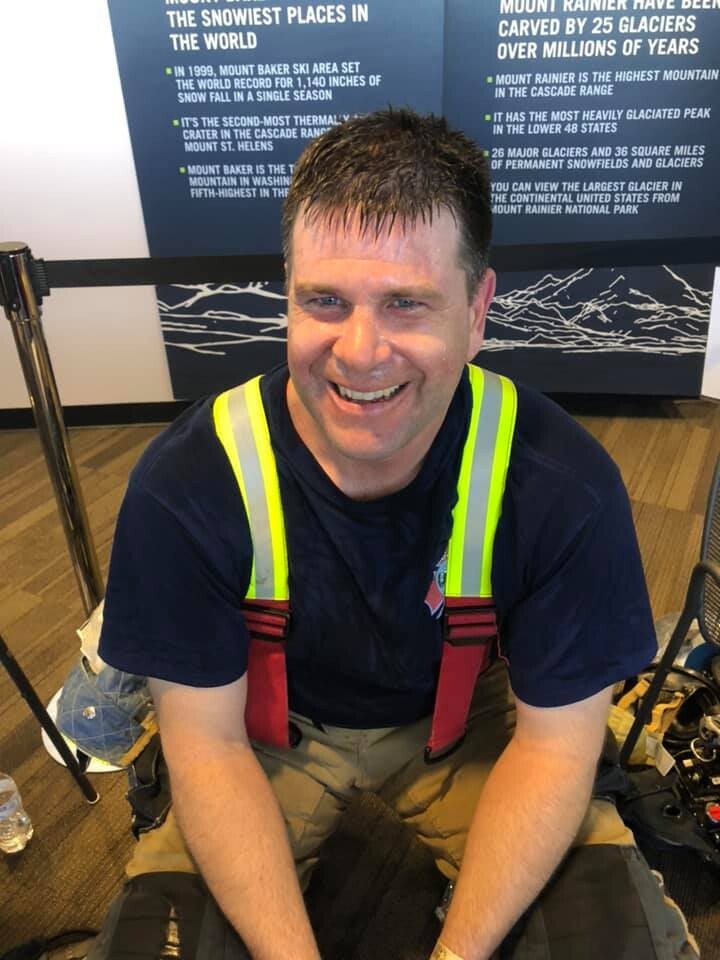 Brian McAuliffe, after climbing Columbia Tower in Seattle for the 2019 Scott Firefighter Stairclimb, benefiting the Leukemia & Lymphoma Society